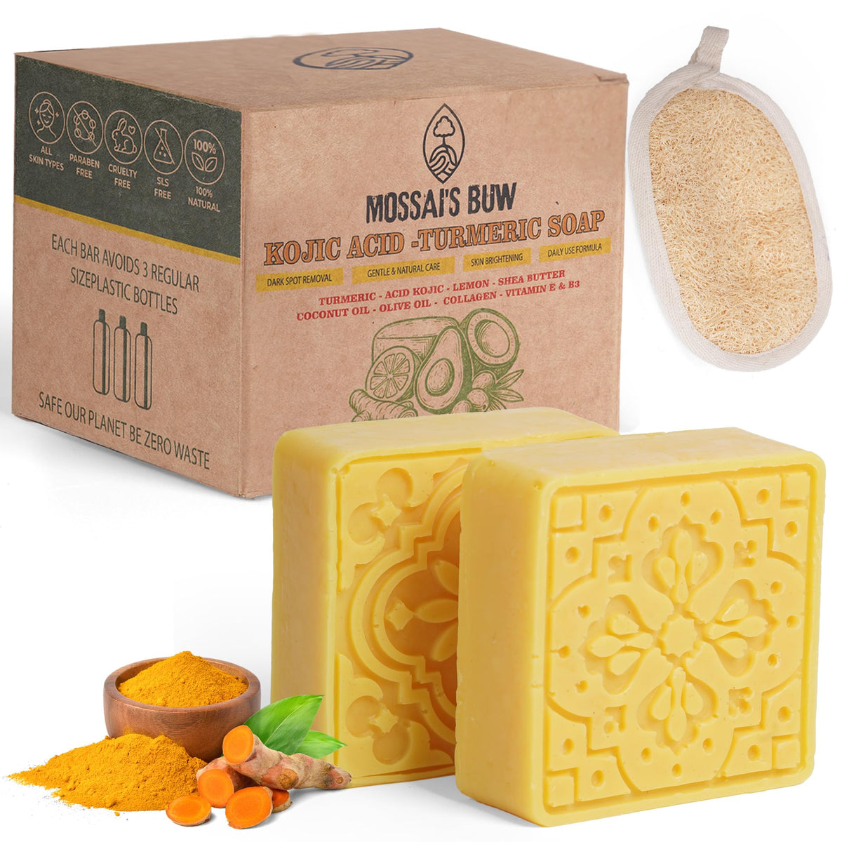 MOSSAI'S BUW front packaging two-pack showing product and loofah, highlights convenience