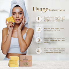 MOSSAI'S BUW soap and natural loofah in shower setting creating rich foam for cleansing