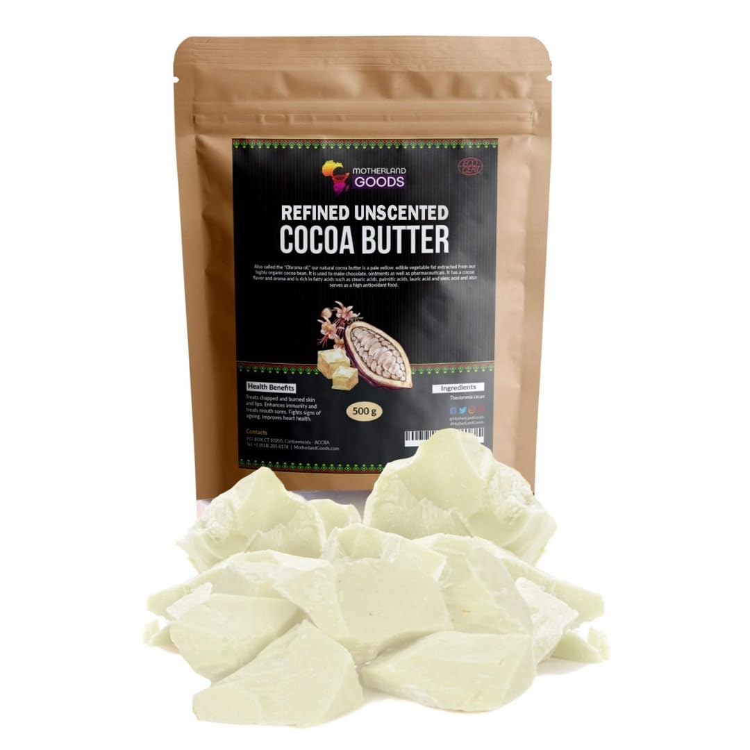Motherland Goods cocoa butter chunks close-up showing silky texture for deep hydration