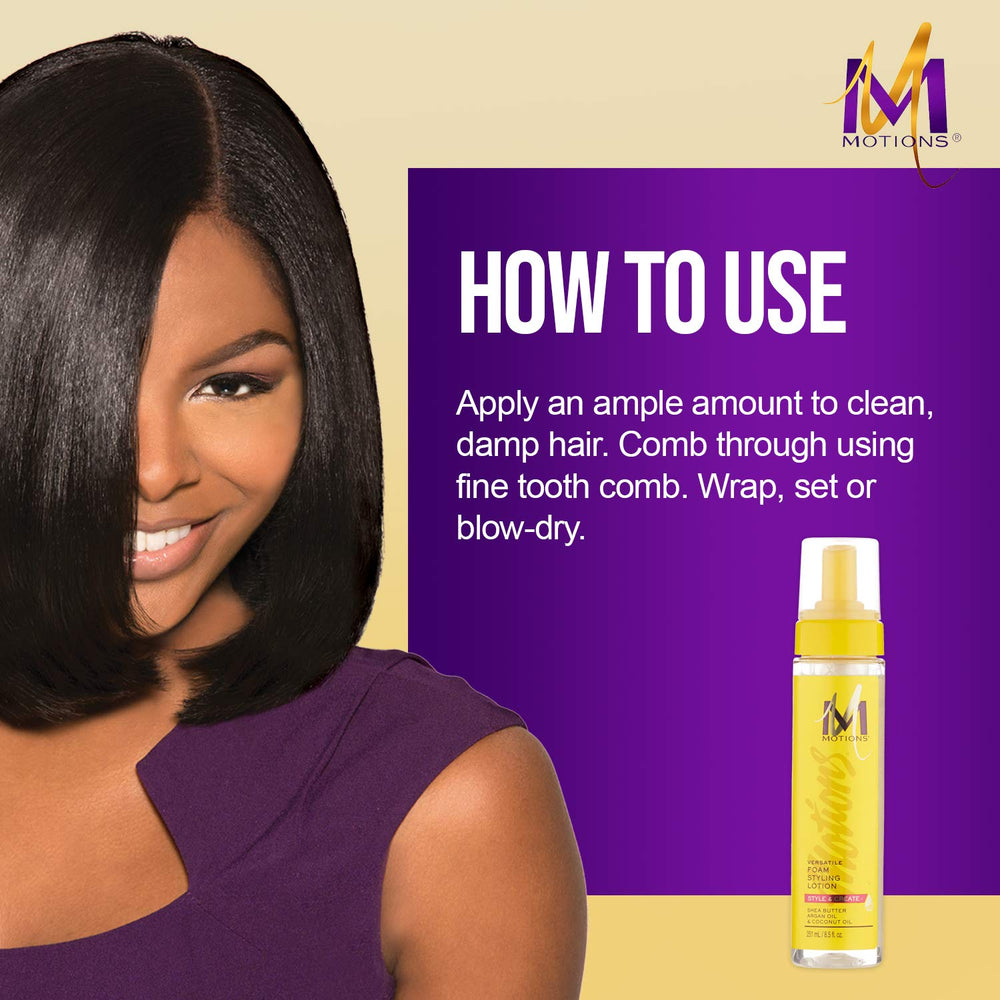 Motions foam being applied to hair section to define curls and reduce frizz