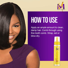 Motions foam being applied to hair section to define curls and reduce frizz