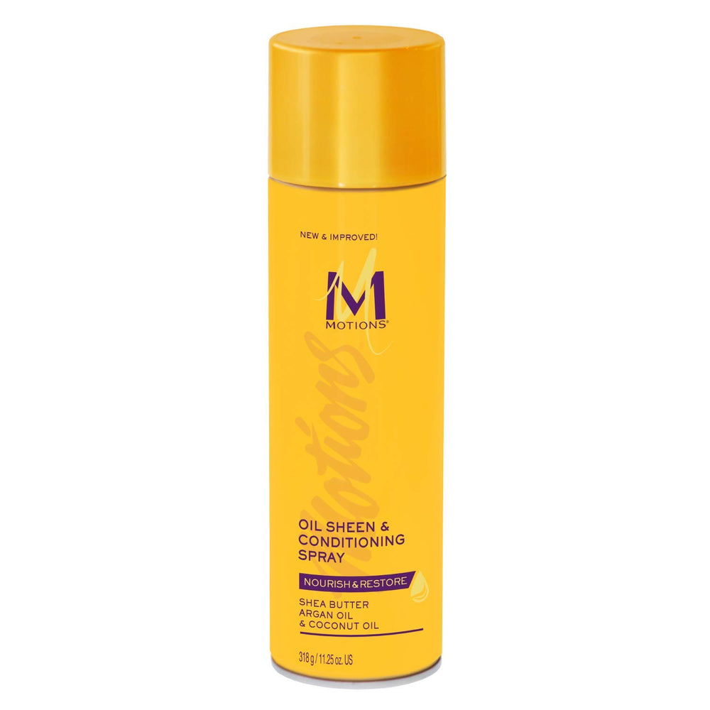 Motions oil sheen front packaging showing can and label, adds quick shine