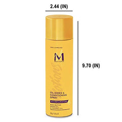 Motions oil sheen spraying onto hair, provides instant glossy finish