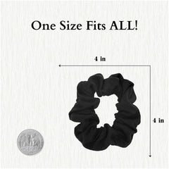 Motique Accessories scrunchie next to hand to show scale and comfortable, wearable size