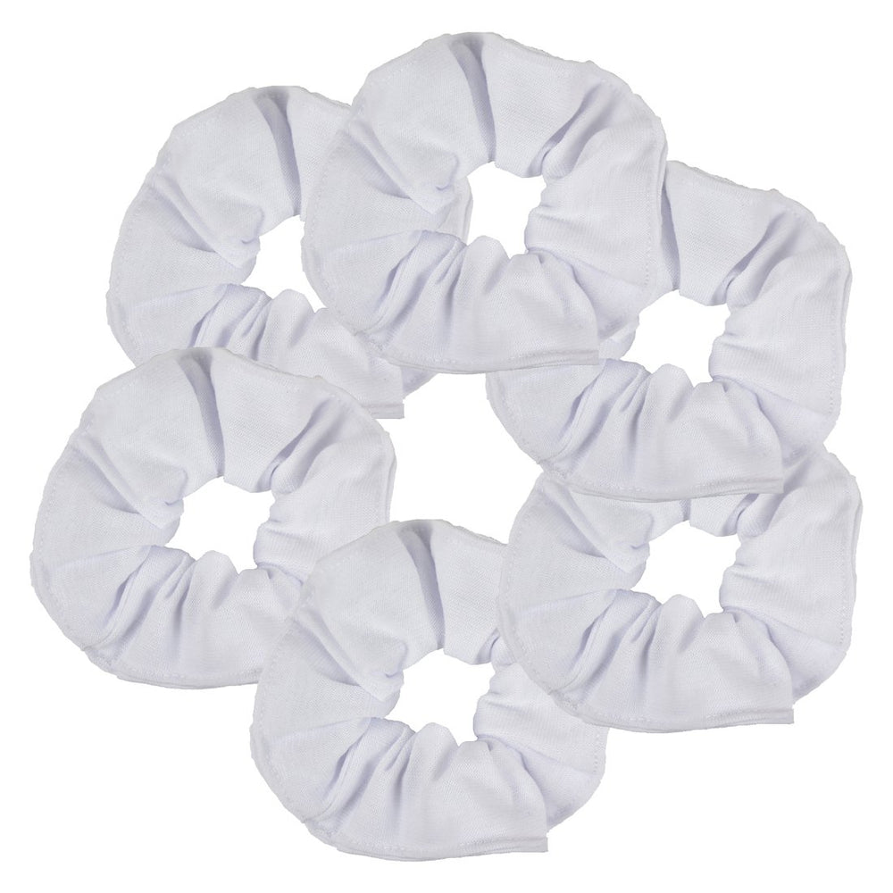 Motique Accessories white scrunchie front view showing neat gathered fabric and soft hold