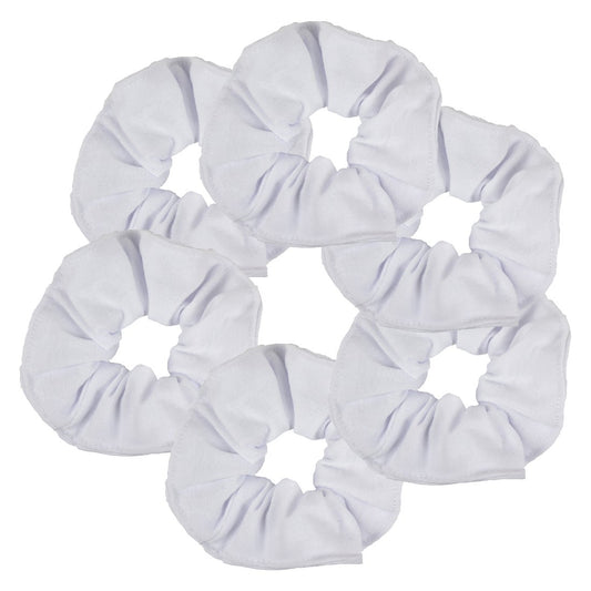 Motique Accessories white scrunchie front view showing neat gathered fabric and soft hold