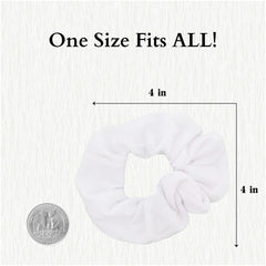Motique Accessories scrunchie beside a ruler illustrating approximate five inch diameter size