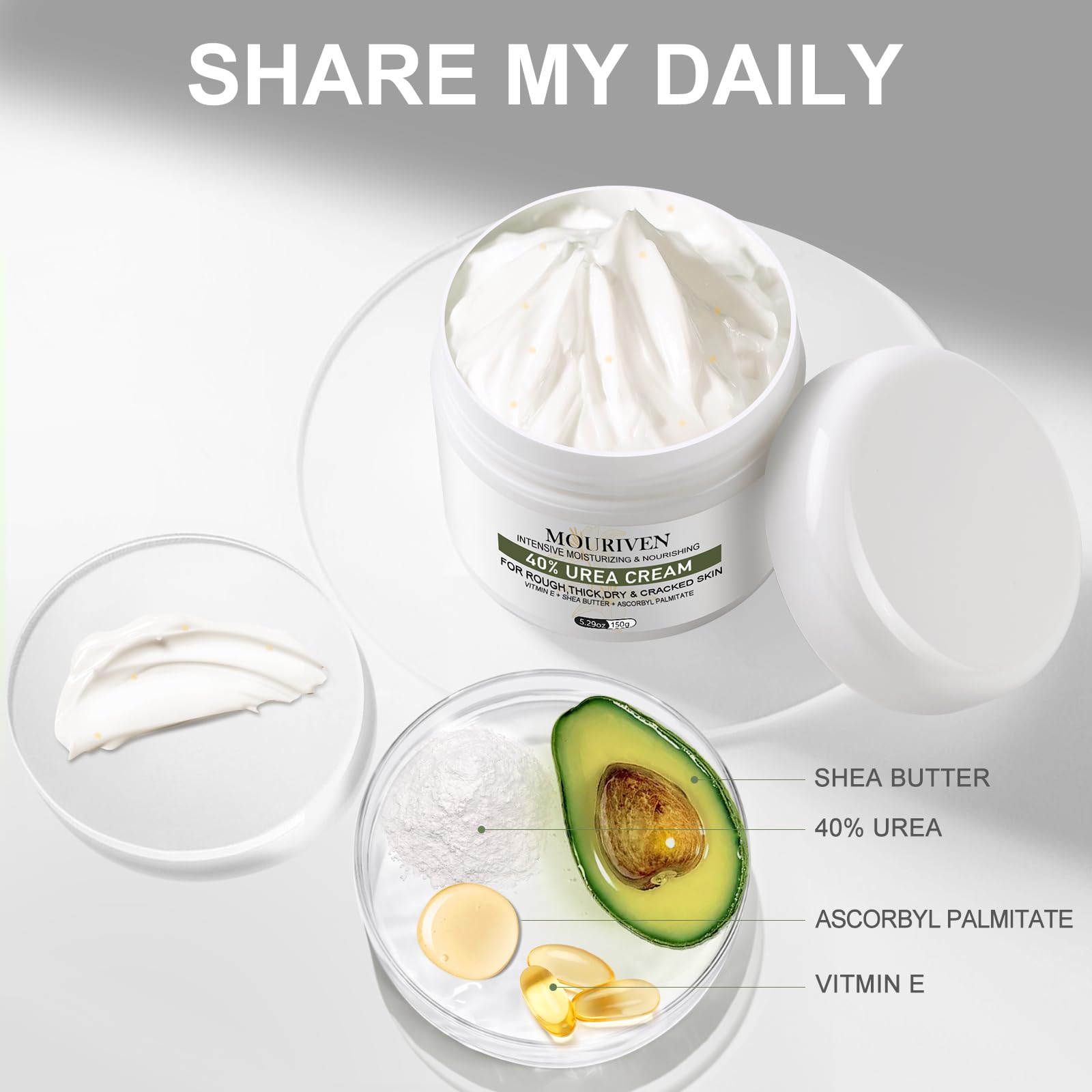 Mouriven cream texture close-up showing rich, fast-absorbing formula benefit