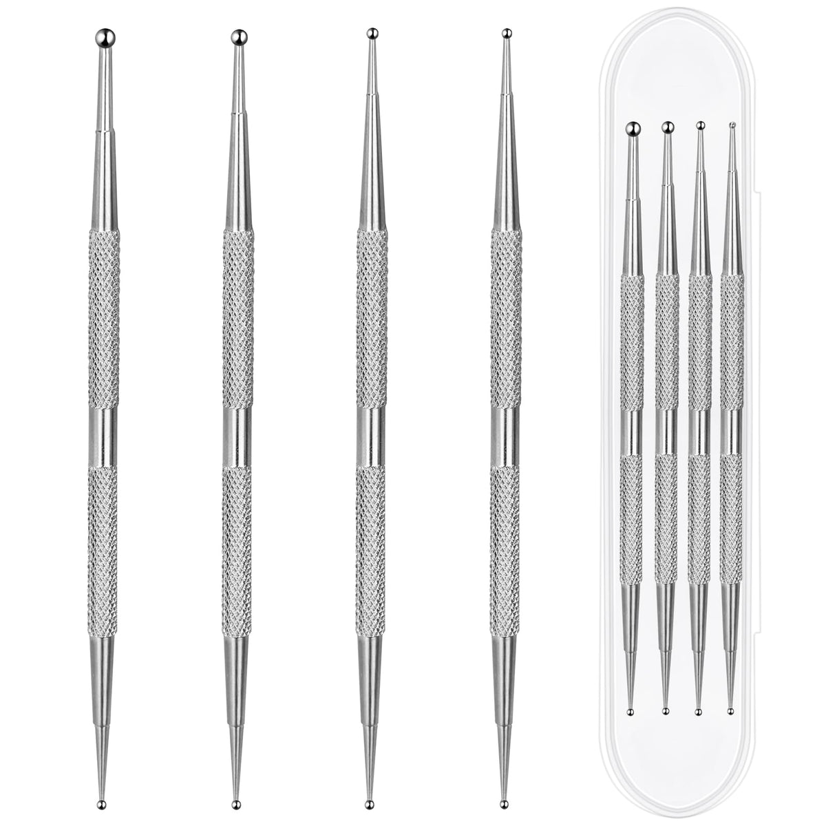 Mozeat Lens front view of 4-piece dotting tools showing kit and box for easy storage