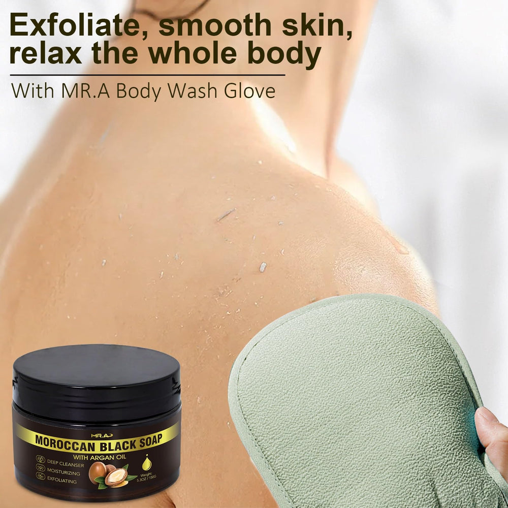 MR.A paste applied with exfoliating glove demonstrating effective dead skin removal