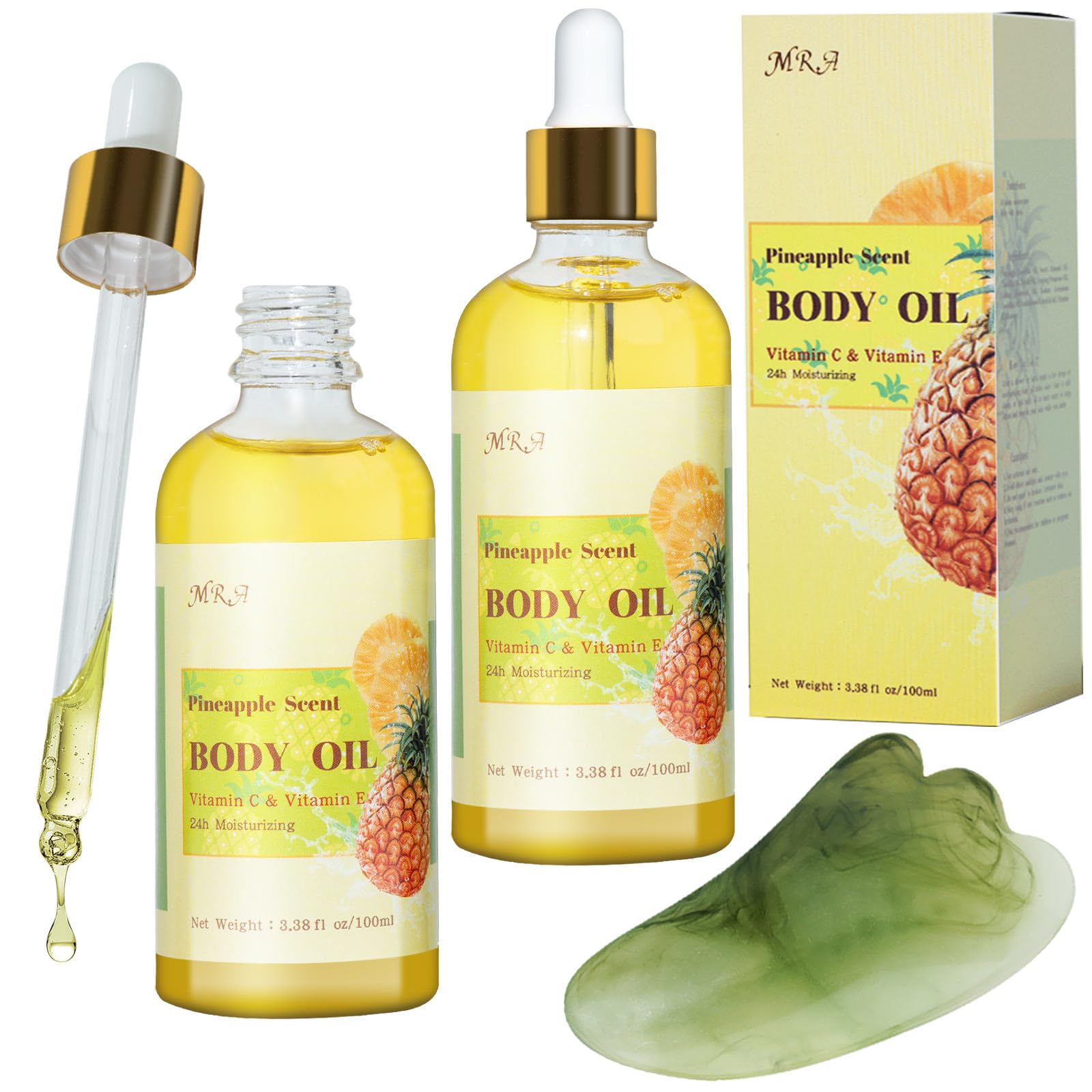 MR.A front packaging showing two pineapple oil bottles and tropical branding, promotes daily hydration