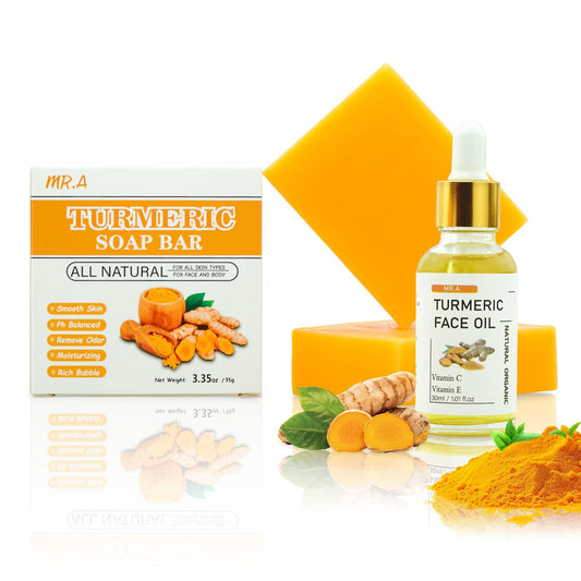 MR.A front packaging showing the turmeric soap and oil set benefits