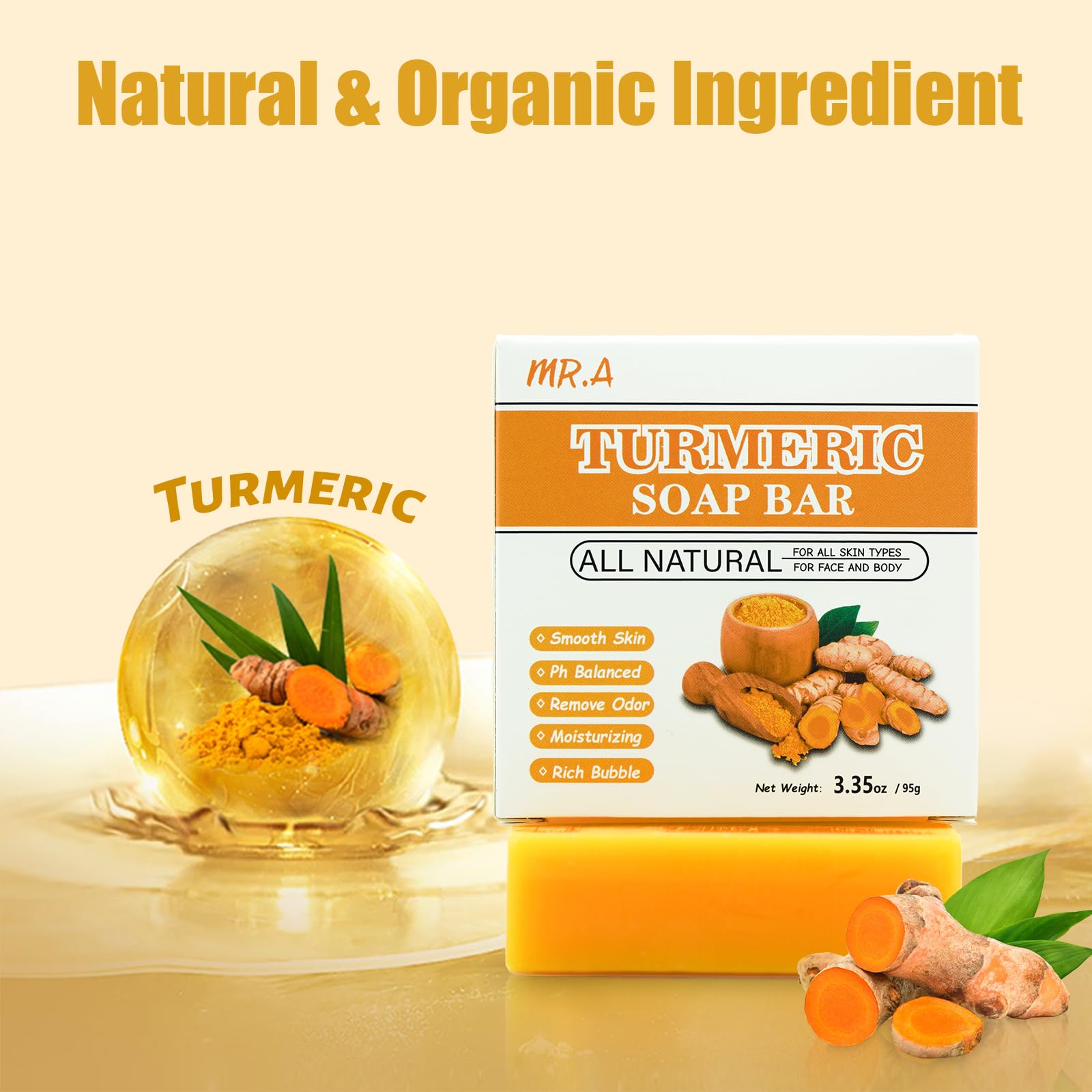 MR.A soap bar close-up texture highlighting natural turmeric exfoliation