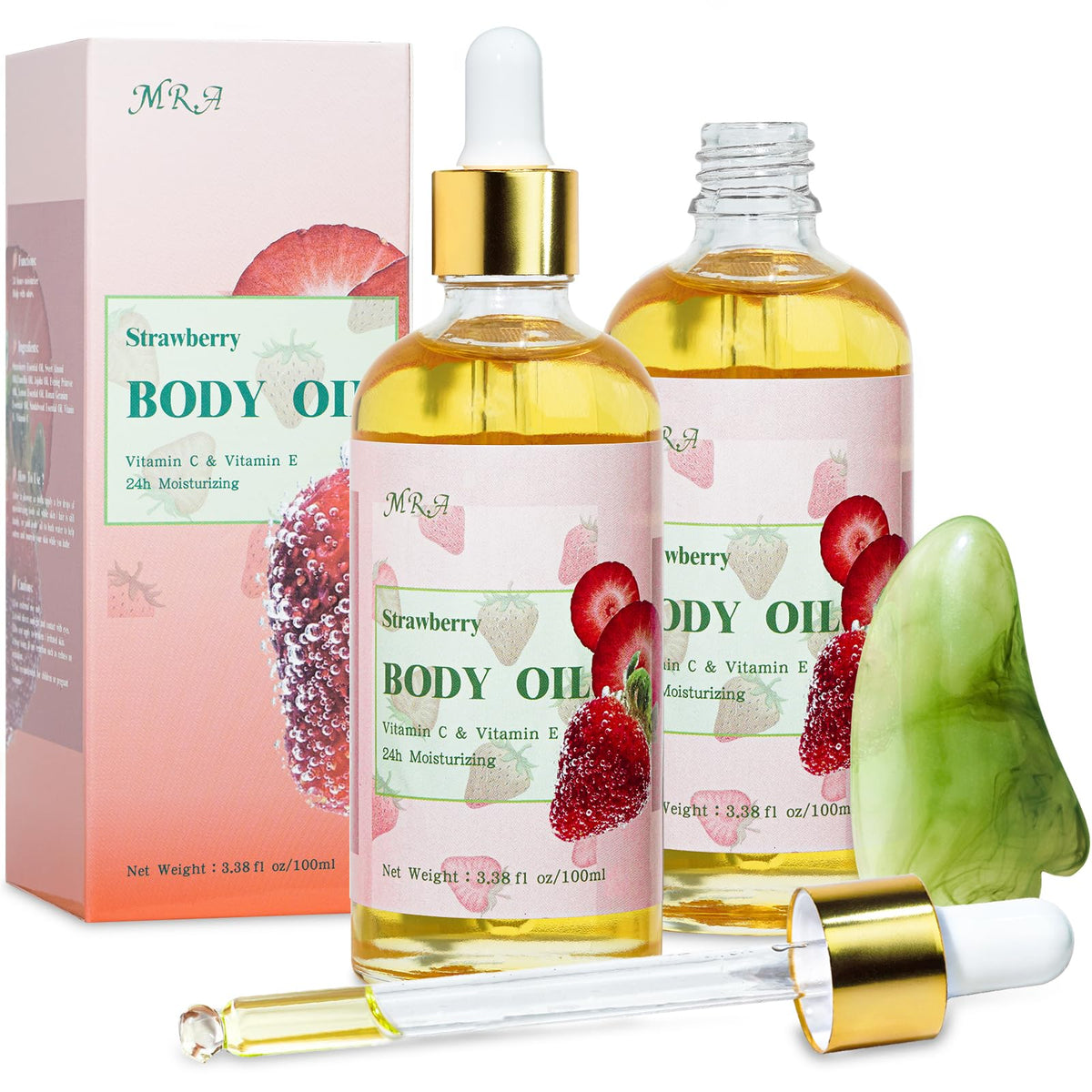 MR.A front bottle shot showing strawberry oil packaging and moisturizing benefit