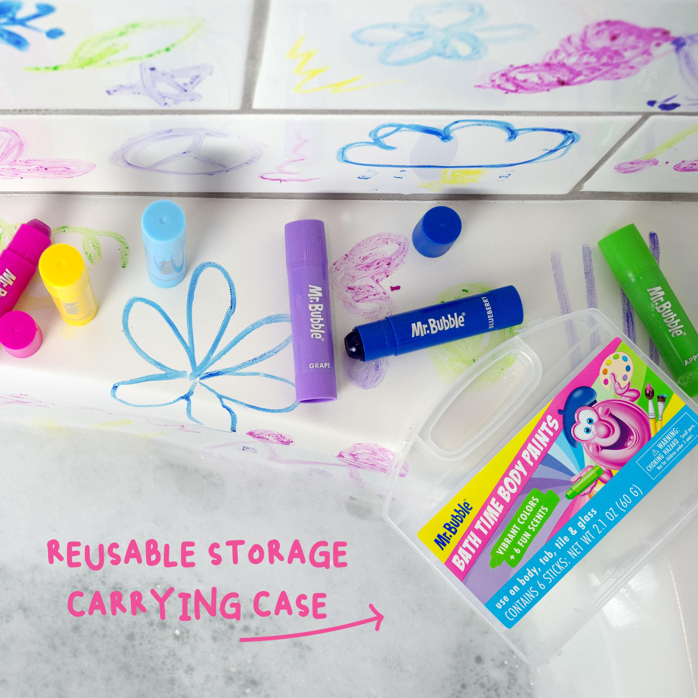 Vibrant colored streaks on bathtub from Mr. Bubble sticks, bright, washable color