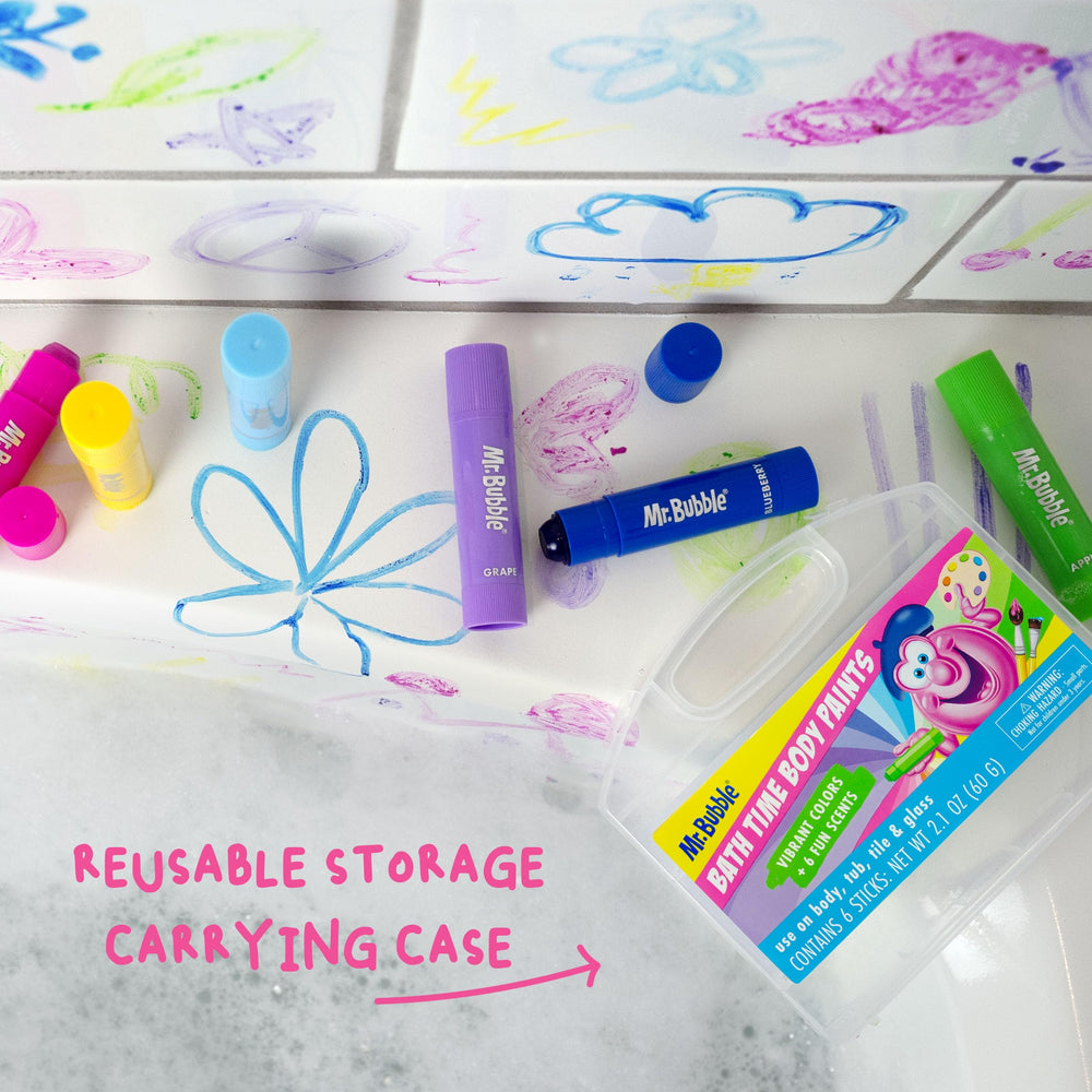 Vibrant colored streaks on bathtub from Mr. Bubble sticks, bright, washable color