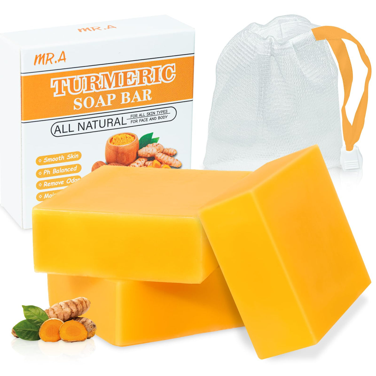 MR.A front packaging view showing turmeric soap benefits and clean design
