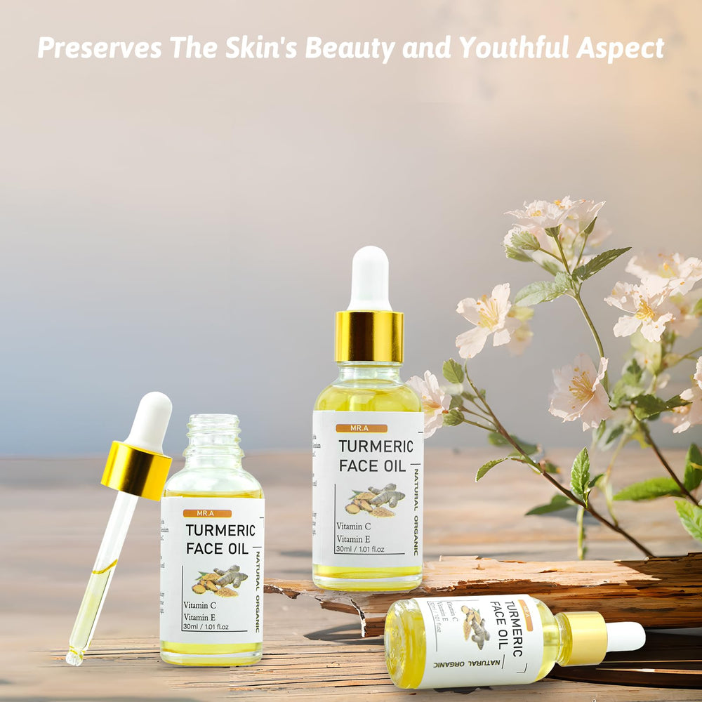 MR.A turmeric oil in use on face applying drops for hydrated skin