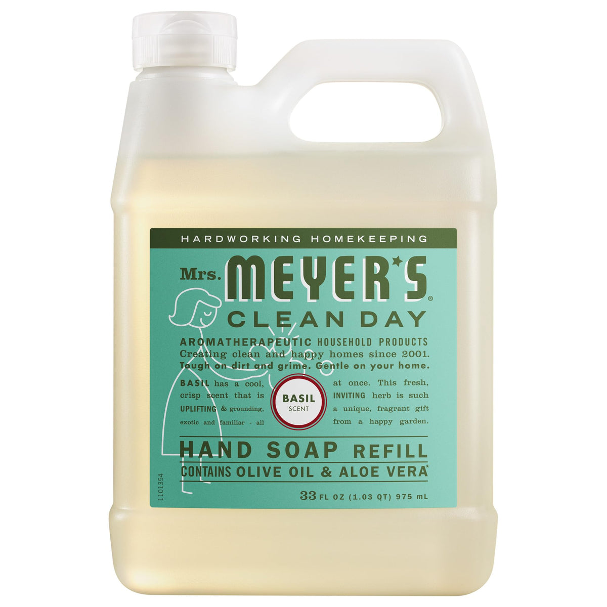 Mrs. Meyer's basil refill pouch front view showing brand and volume, convenience benefit