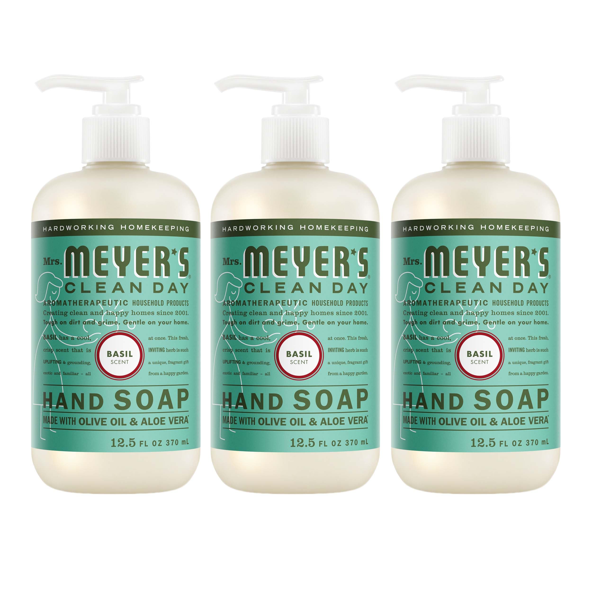 mrs. meyer's basil hand soap front packaging shows clean label and pump benefit