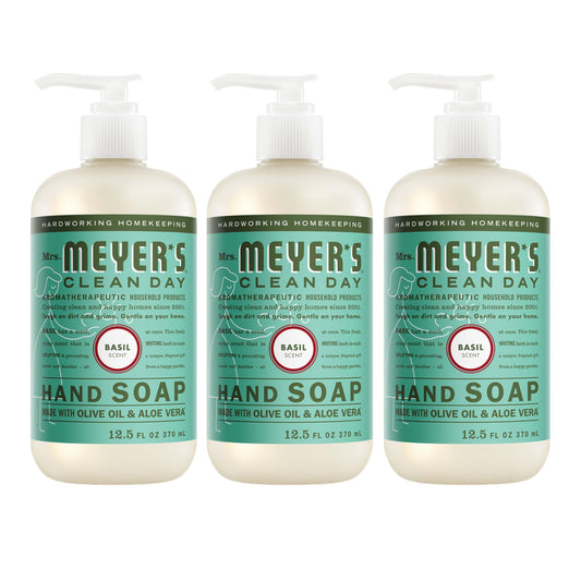 mrs. meyer's basil hand soap front packaging shows clean label and pump benefit