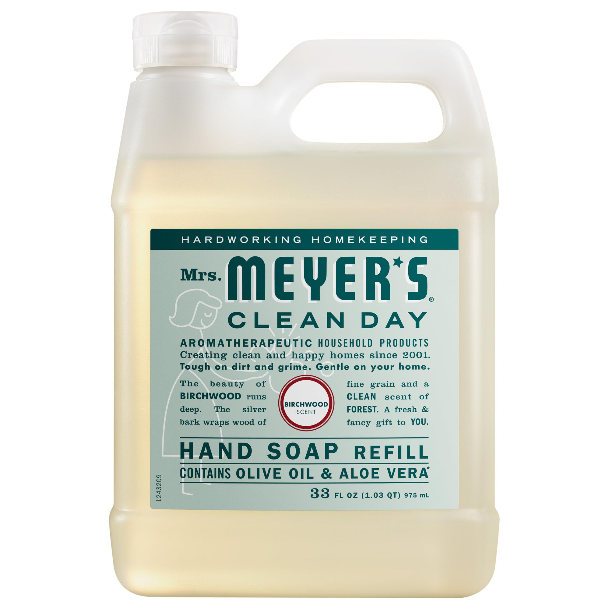Mrs. MEYER'S front bottle view showing Birchwood label and easy refill benefit