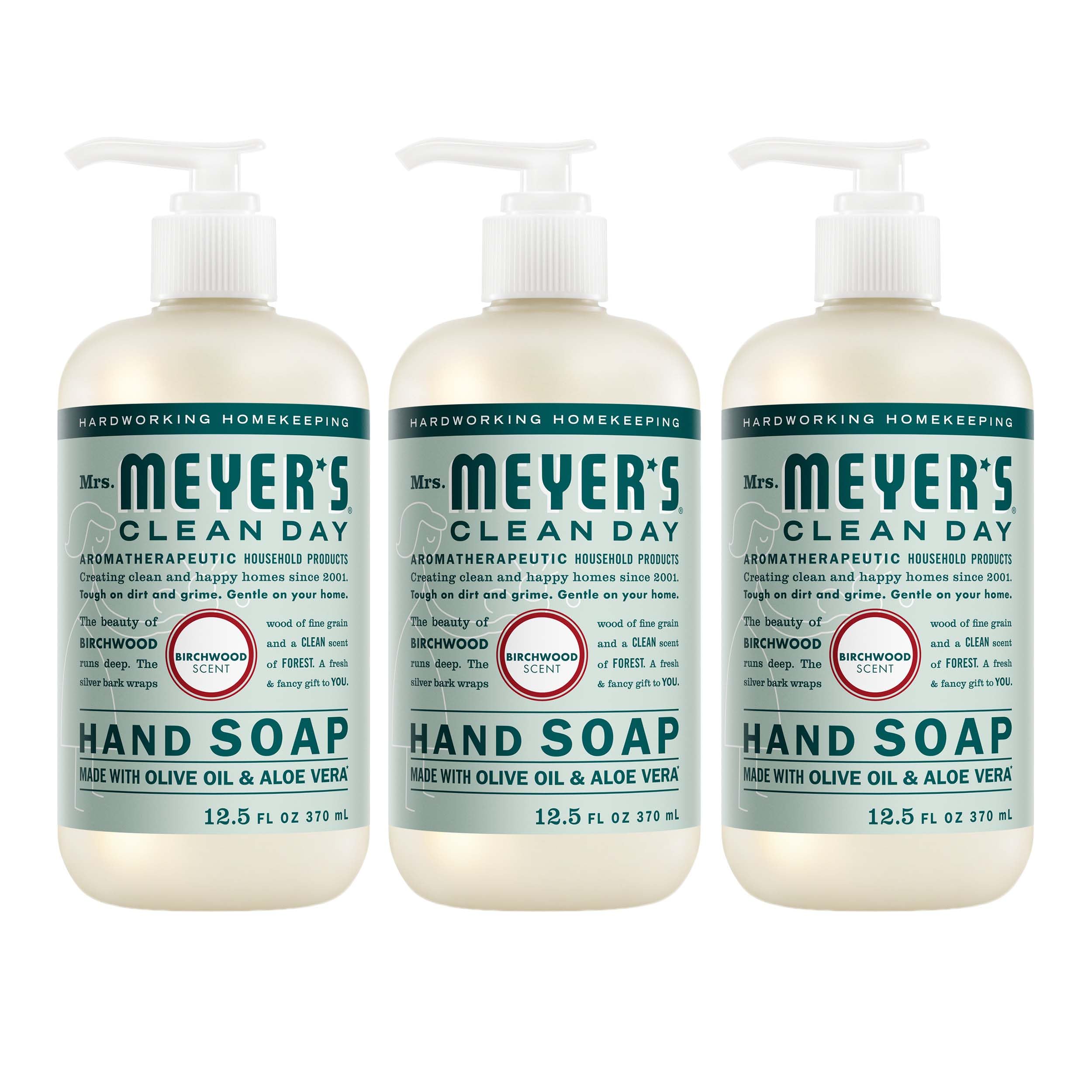 Mrs. MEYER'S front packaging showing three Birchwood bottles and clear labeling for easy identification