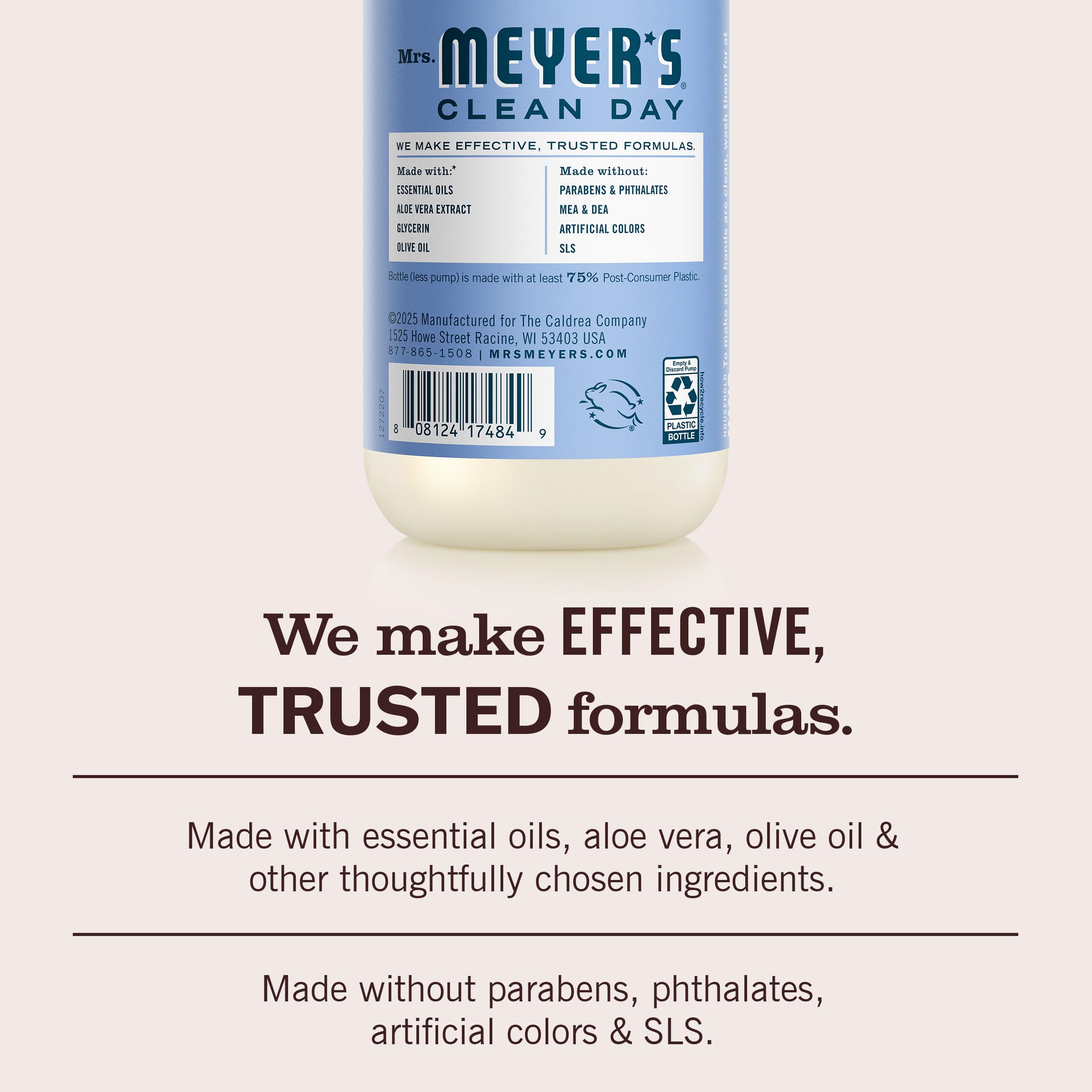 Mrs. Meyer's ingredient label close-up showing plant-based components and clean formulation