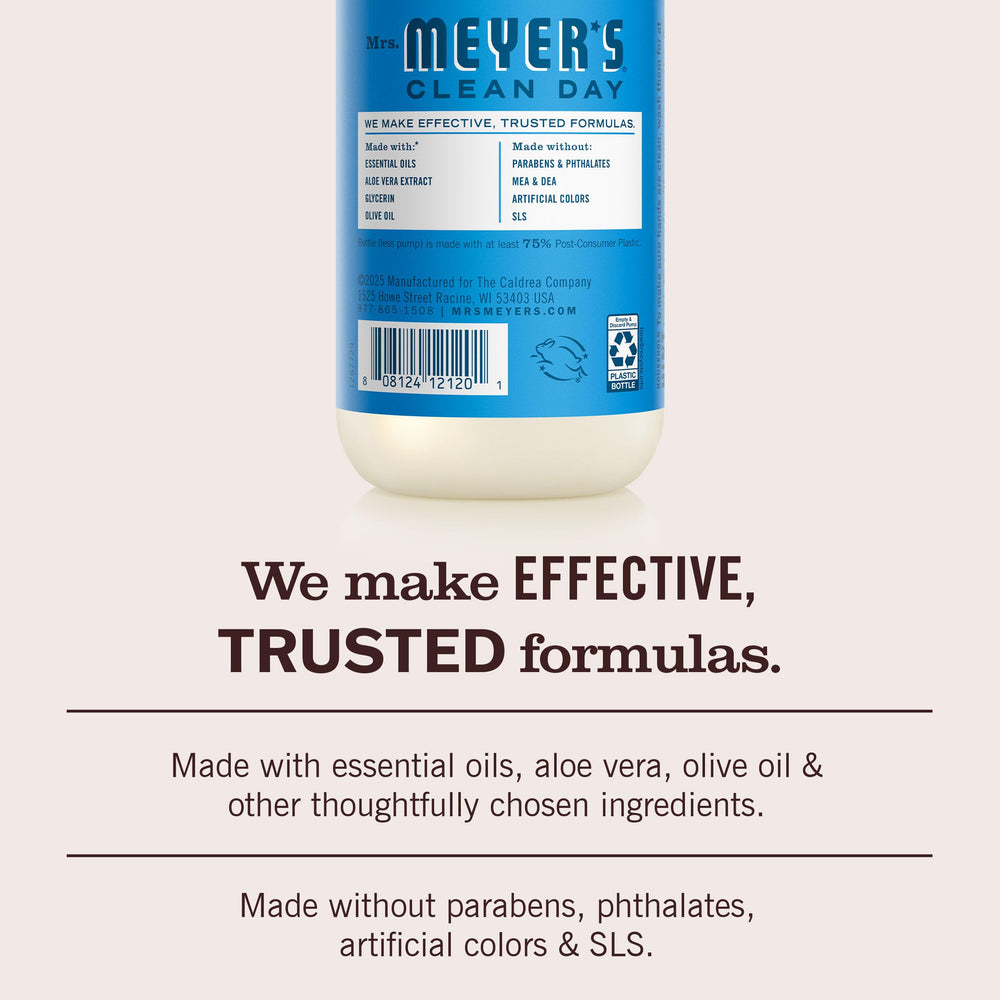 Mrs. MEYER'S bottle label detail showing ingredients and garden-inspired blueberry scent