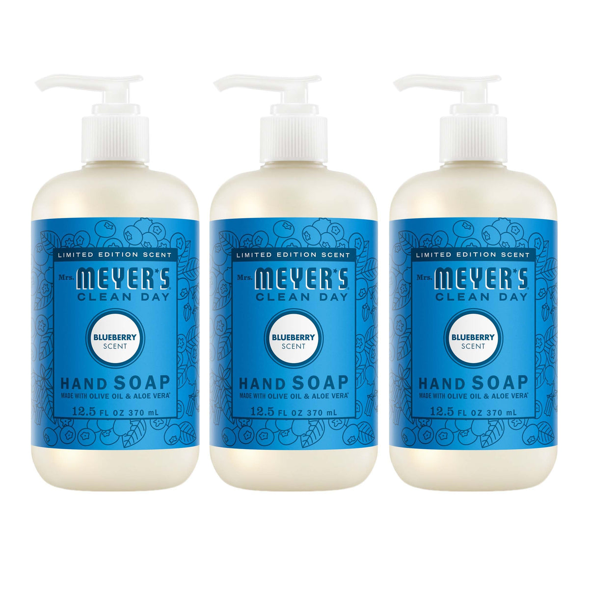 Mrs. MEYER'S bottle front packaging showing blueberry scent and pump for quick refill