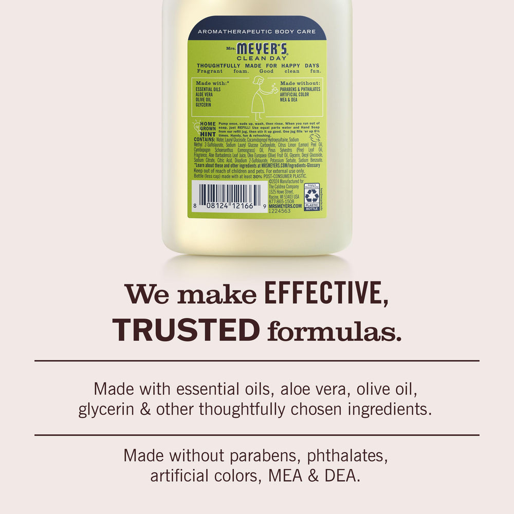 Mrs. Meyer's label detail listing plant-derived ingredients and clarity benefit