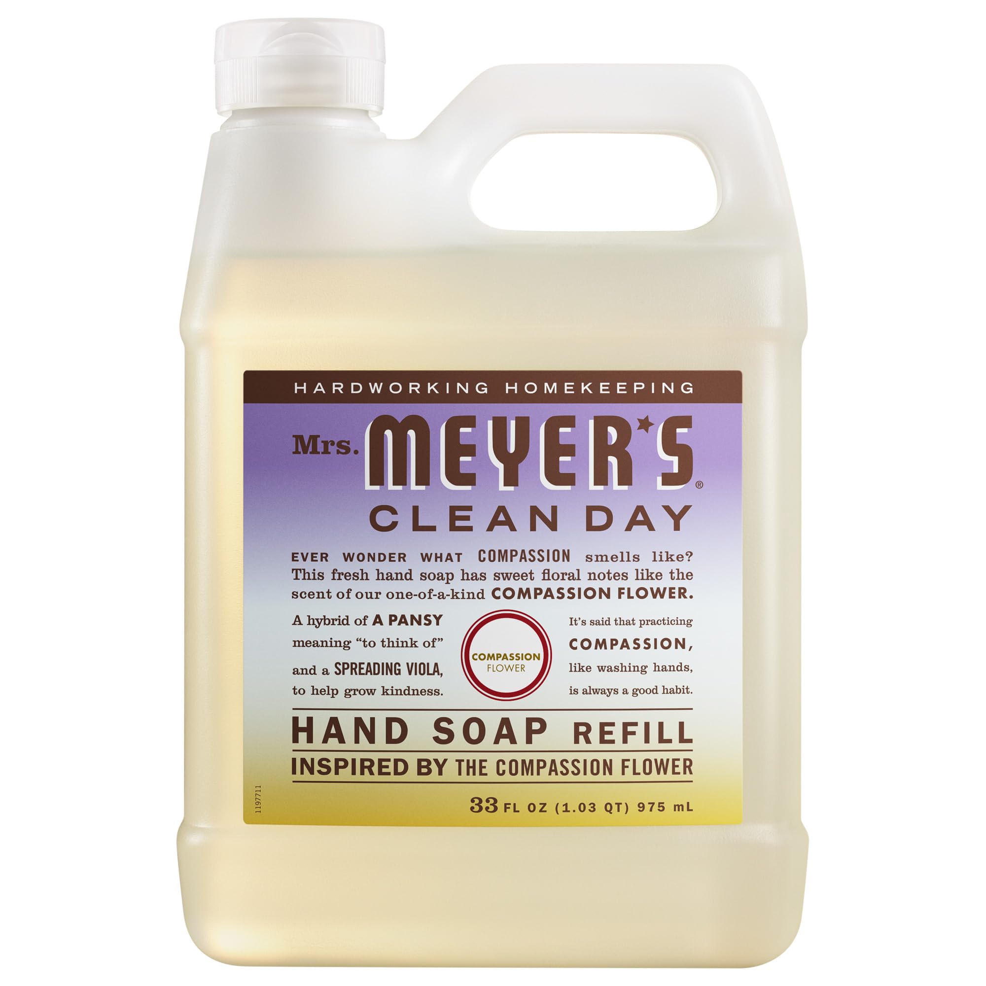 MRS. MEYER'S front label showing Compassion Flower scent and bottle benefit