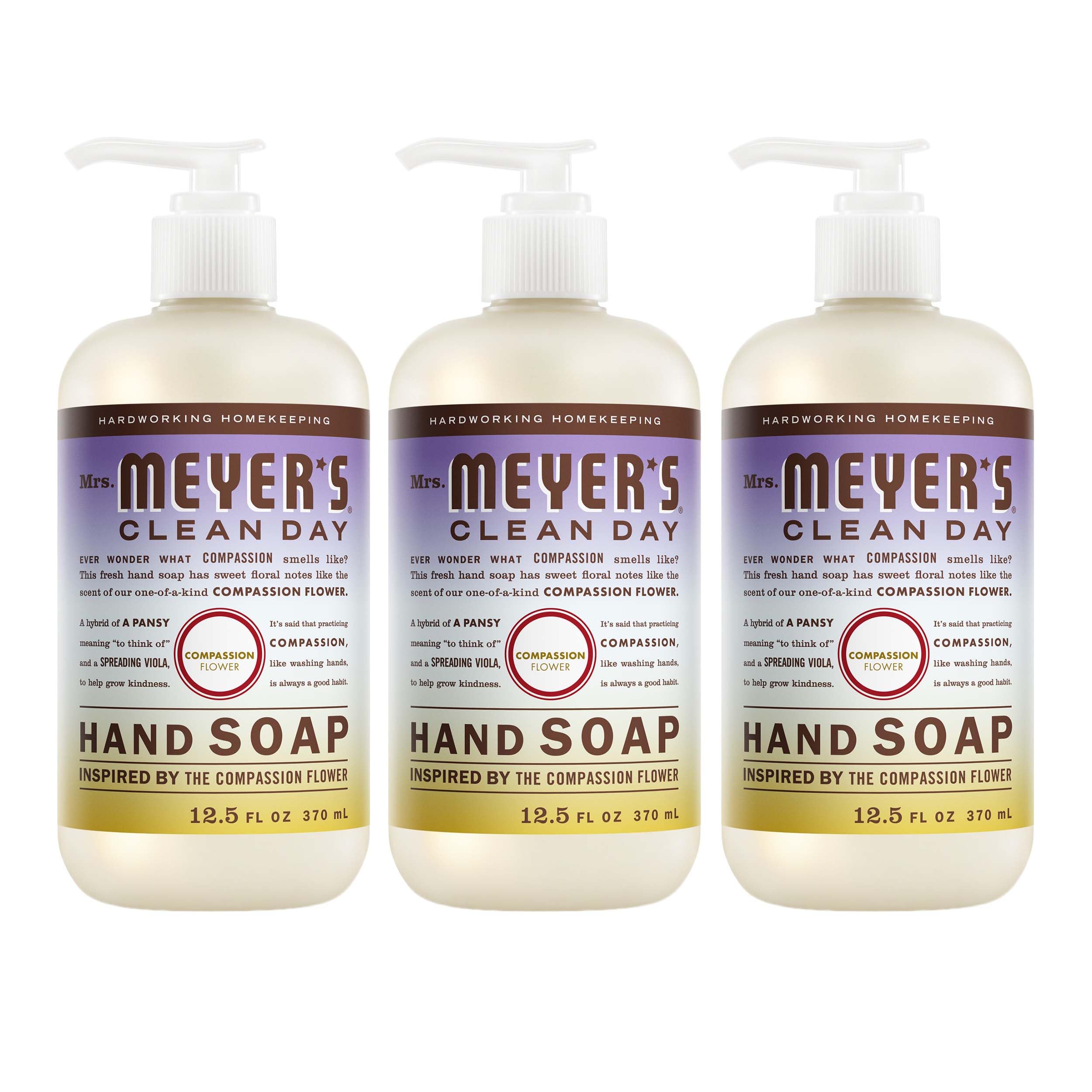 Mrs. Meyer's front packaging showing three Compassion Flower bottles and clear labeling for convenience