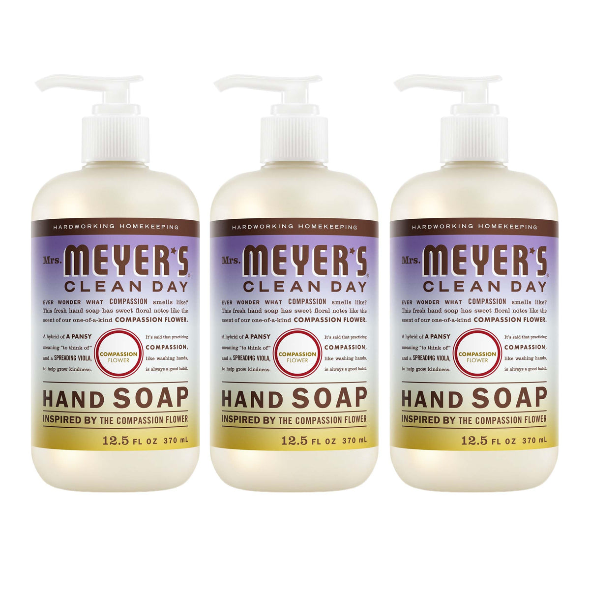 Mrs. Meyer's front packaging showing three Compassion Flower bottles and clear labeling for convenience
