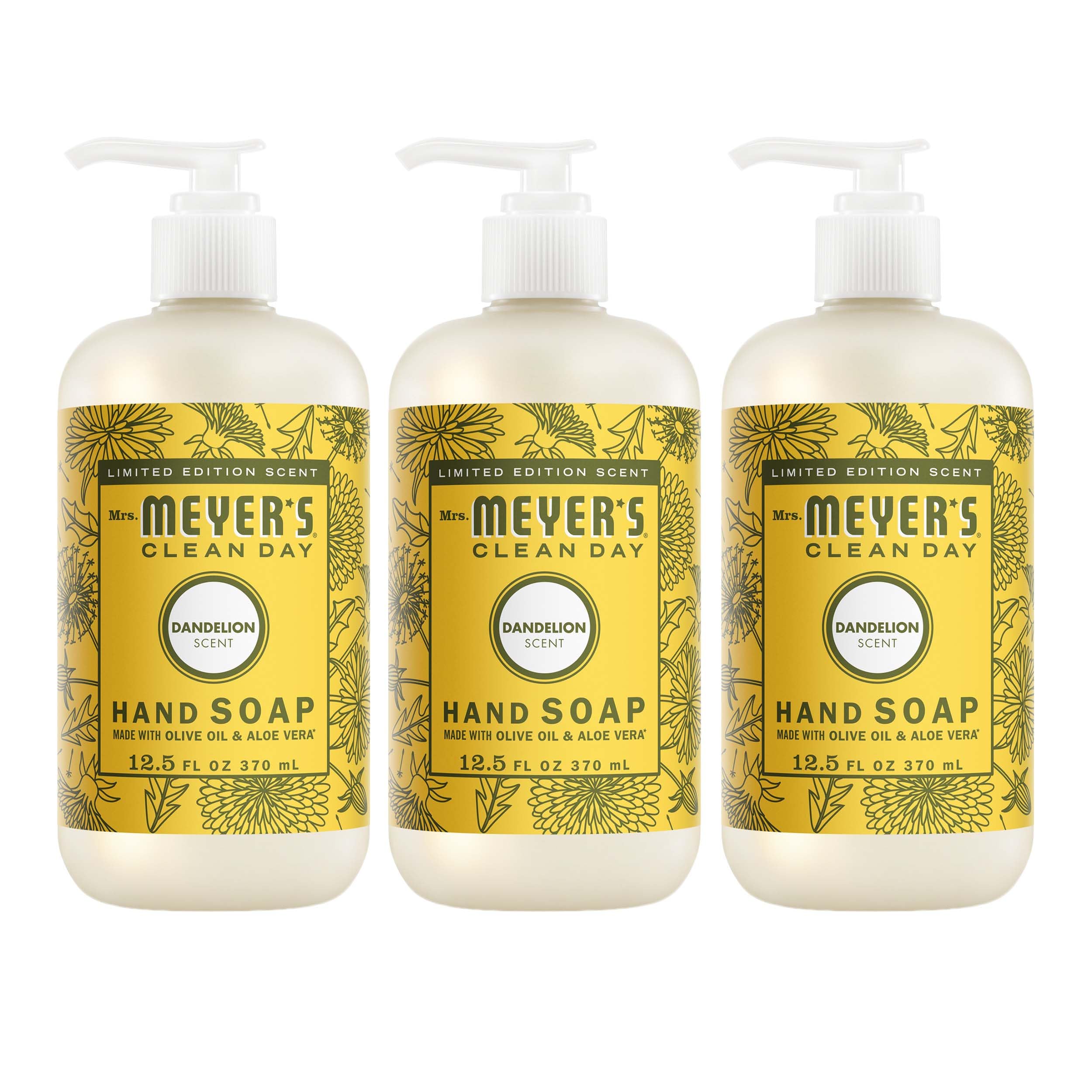 Mrs. MEYER'S front packaging showing three bottles and clear benefits