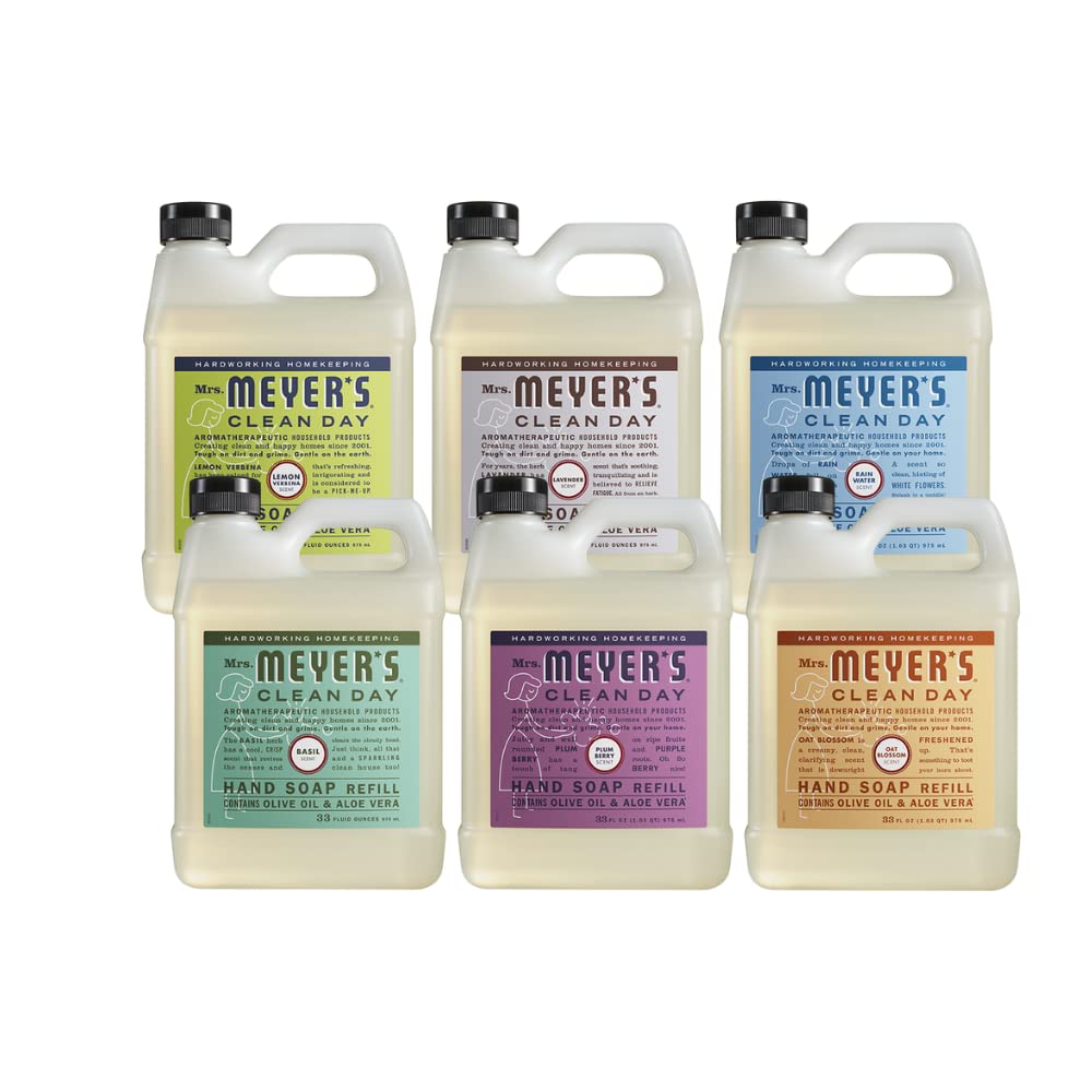 Mrs. MEYER'S front view of six refill bottles showing assortment and benefits