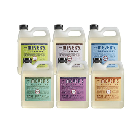 Mrs. MEYER'S front view of six refill bottles showing assortment and benefits