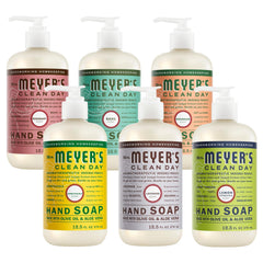 Mrs. MEYER'S front pack shot showing six scented bottles and variety