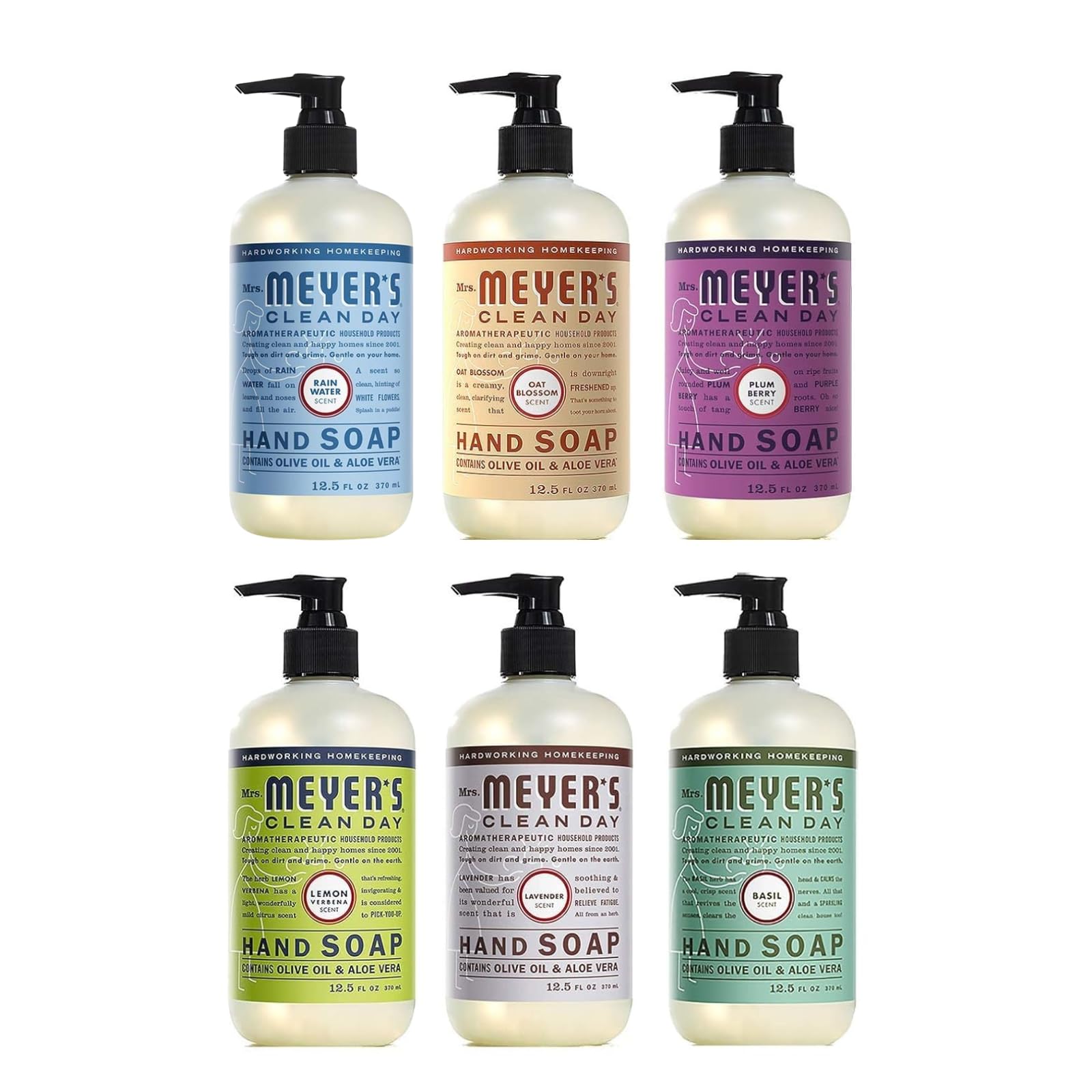 Mrs. MEYER'S front packaging showing six 12.5 oz scent bottles and clear labeling for easy choice