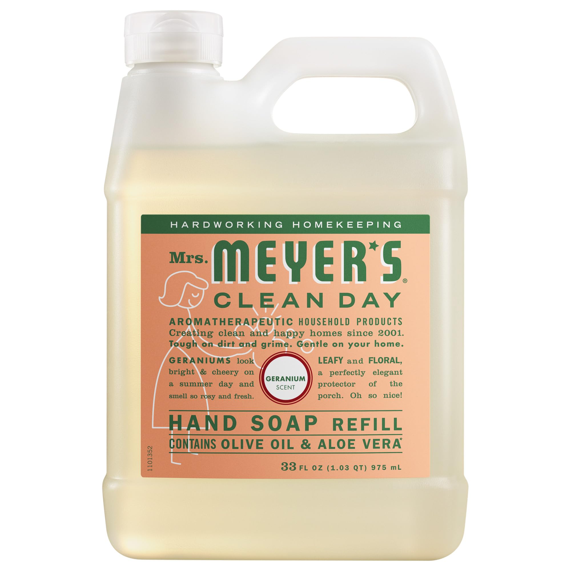 Mrs. Meyer's geranium refill front label showing scent and size for easy identification and choice