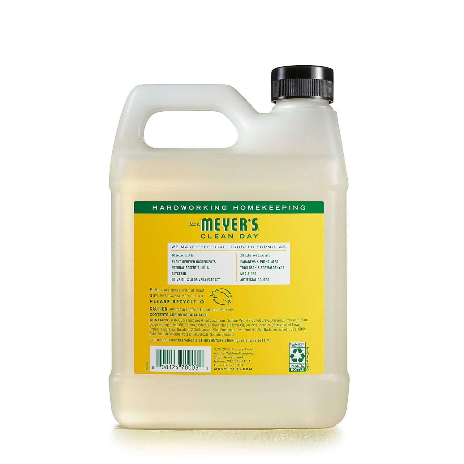 Mrs. Meyer's honeysuckle being poured into dispenser for hassle-free refills benefit