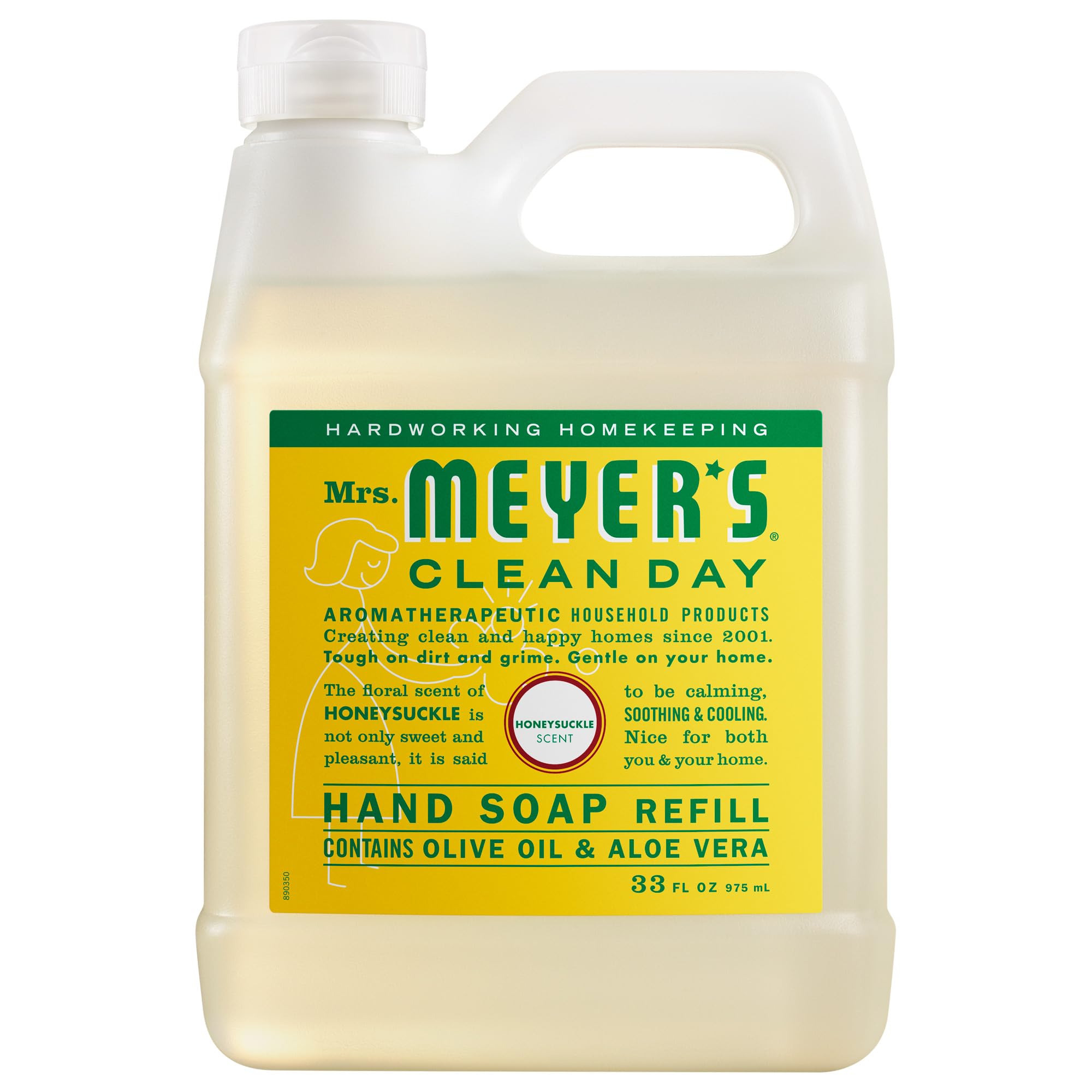 Mrs. Meyer's honeysuckle refill front view showing 33 oz bottle and refill benefit