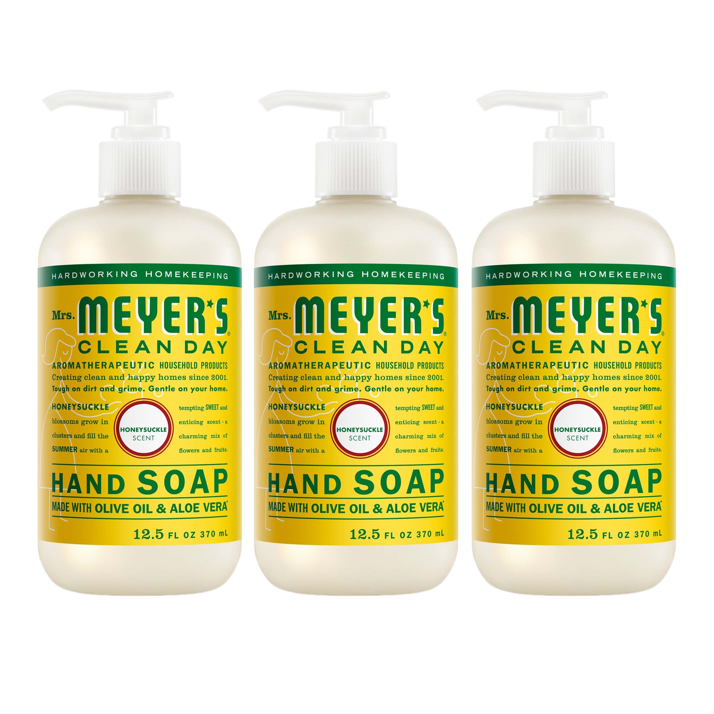 Mrs. MEYER'S front packaging showing honeysuckle scent and tidy label benefits