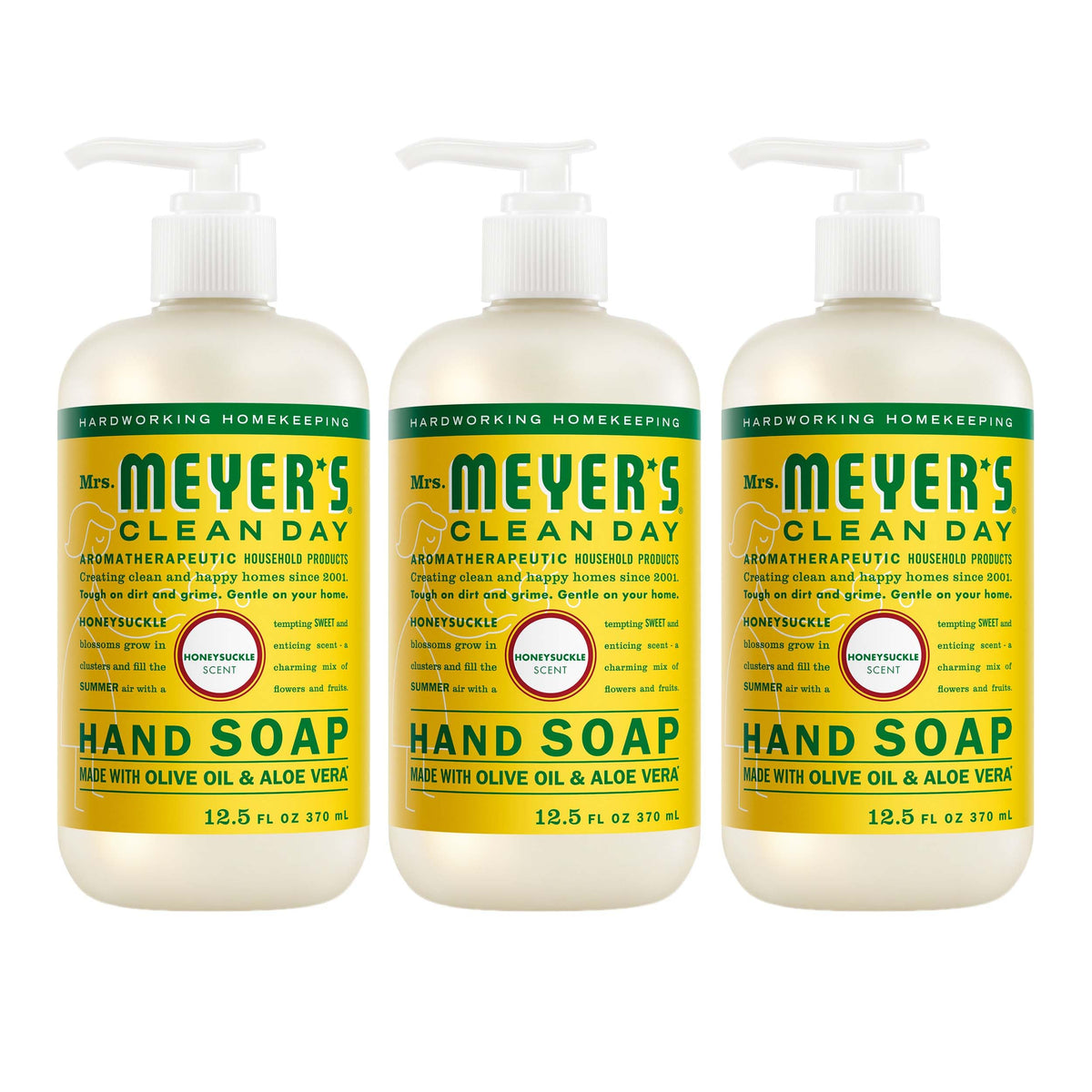Mrs. MEYER'S front packaging showing honeysuckle scent and tidy label benefits