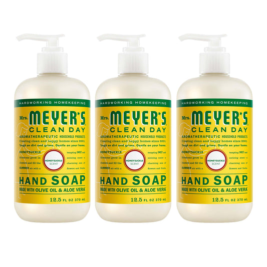 Mrs. MEYER'S front packaging showing honeysuckle scent and tidy label benefits