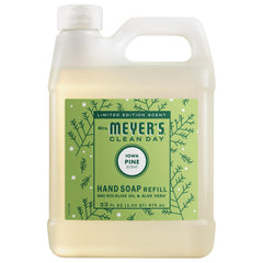 Mrs. Meyer's refill bottle front view showing Iowa Pine scent and clear label benefits