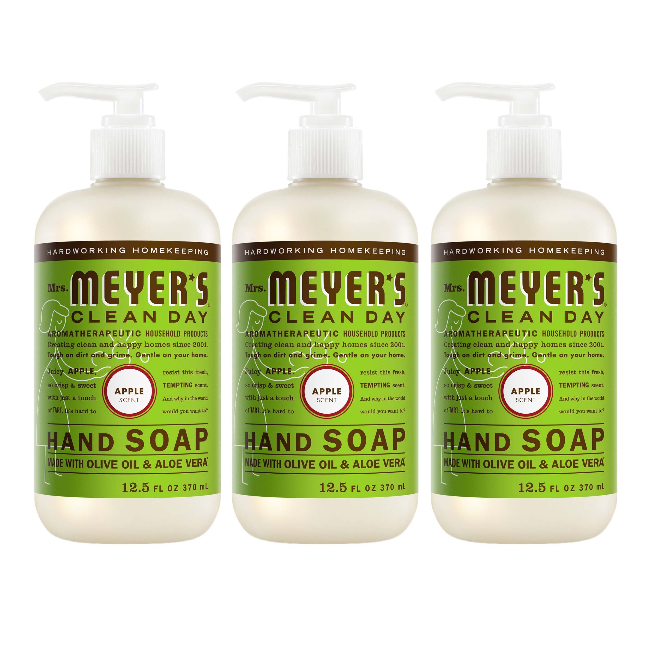 Mrs. Meyer's bottle front view showing Juicy Apple scent and inviting design benefit