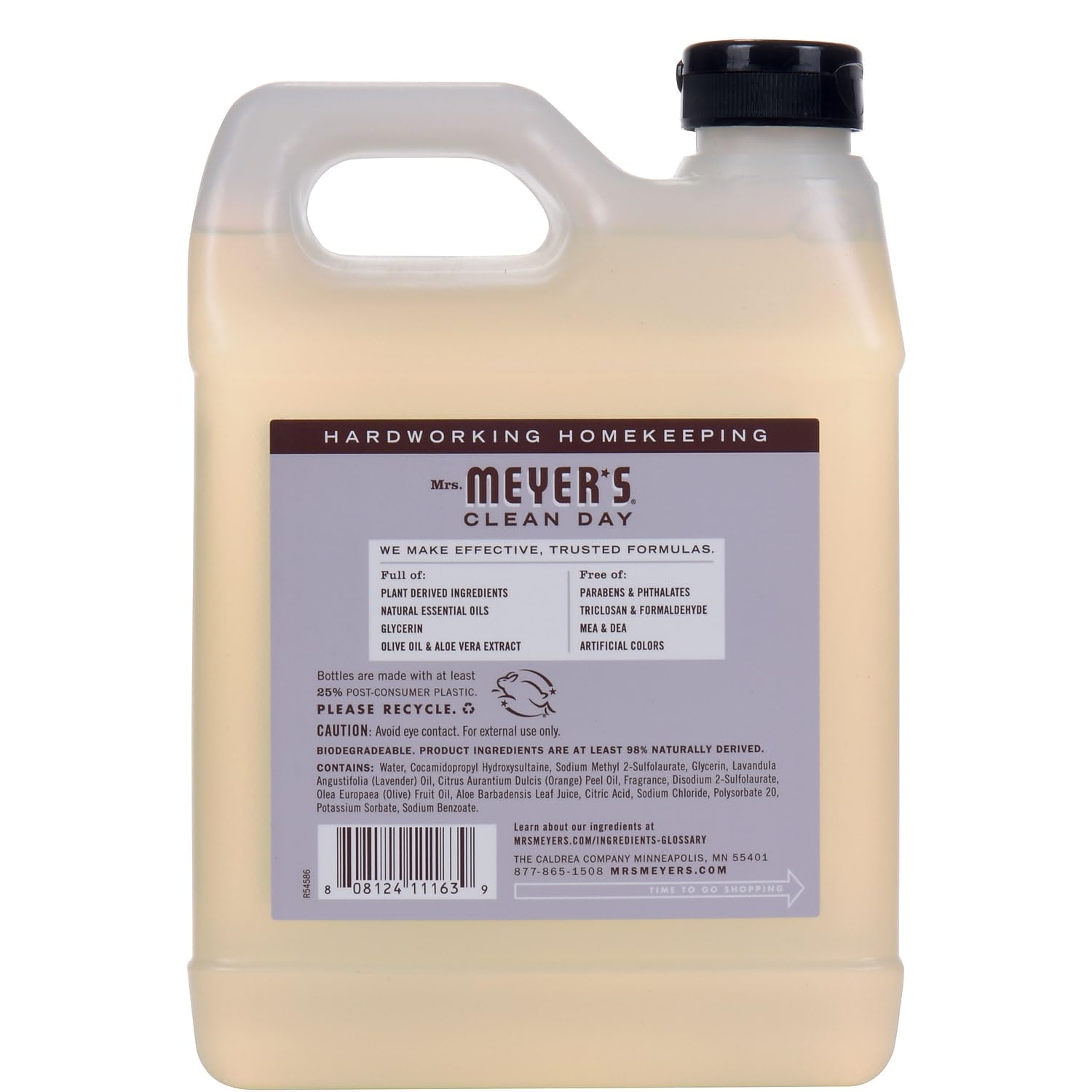SC Johnson MRS. MEYER'S lavender refill being poured into a dispenser, clean refill process benefit