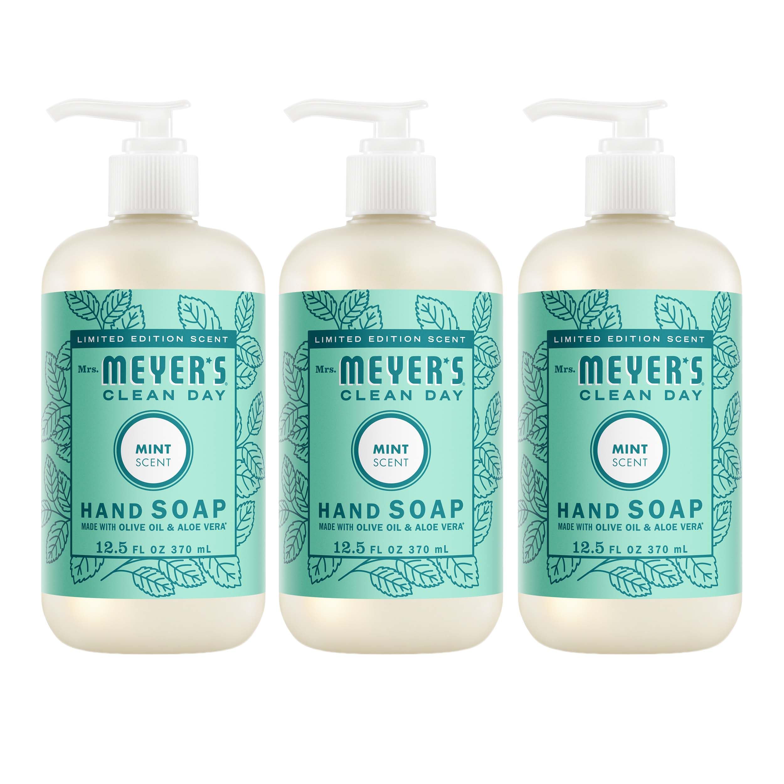 Mrs. MEYER'S front packaging showing three mint hand soap bottles and clear labeling