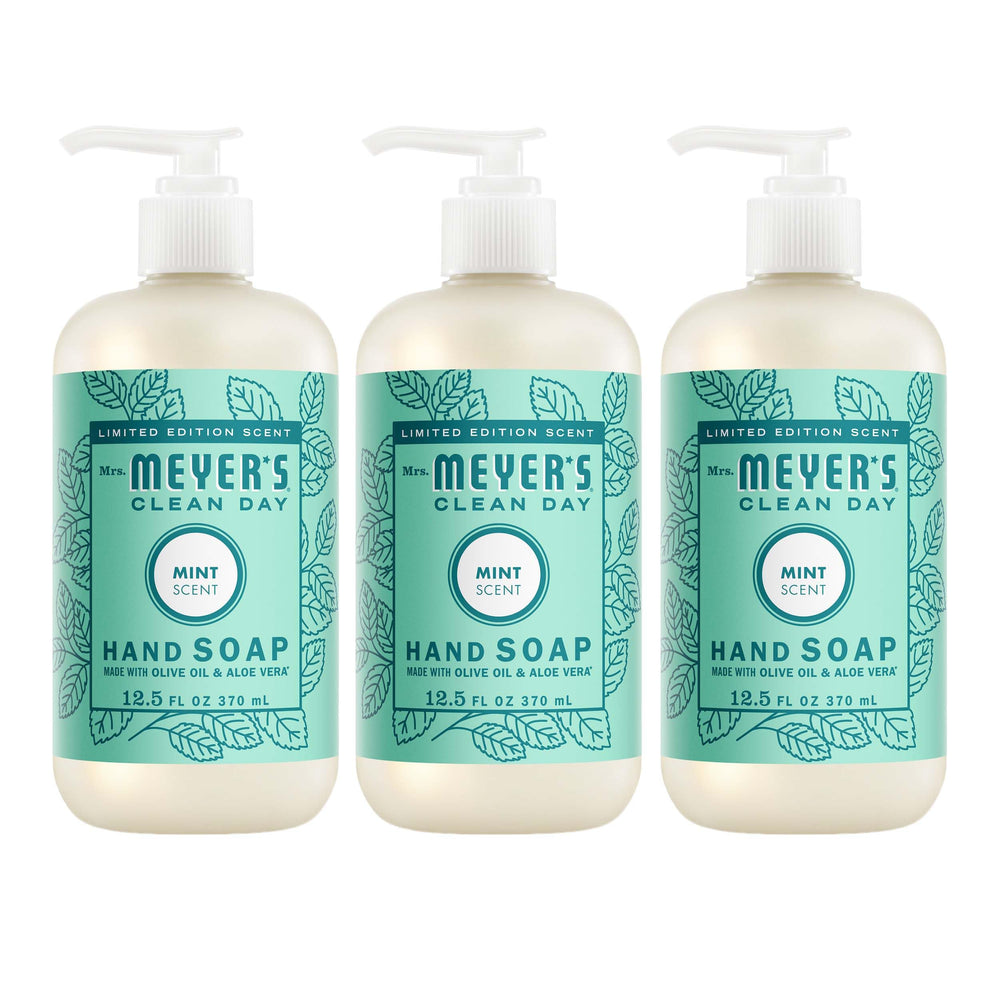 Mrs. MEYER'S front packaging showing three mint hand soap bottles and clear labeling